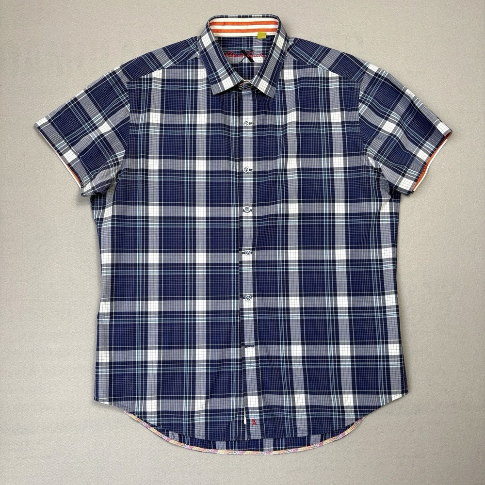 Robert Graham Shirt Men XL‎ Blue Plaid Short Sleeve Button Up Classic Preppy